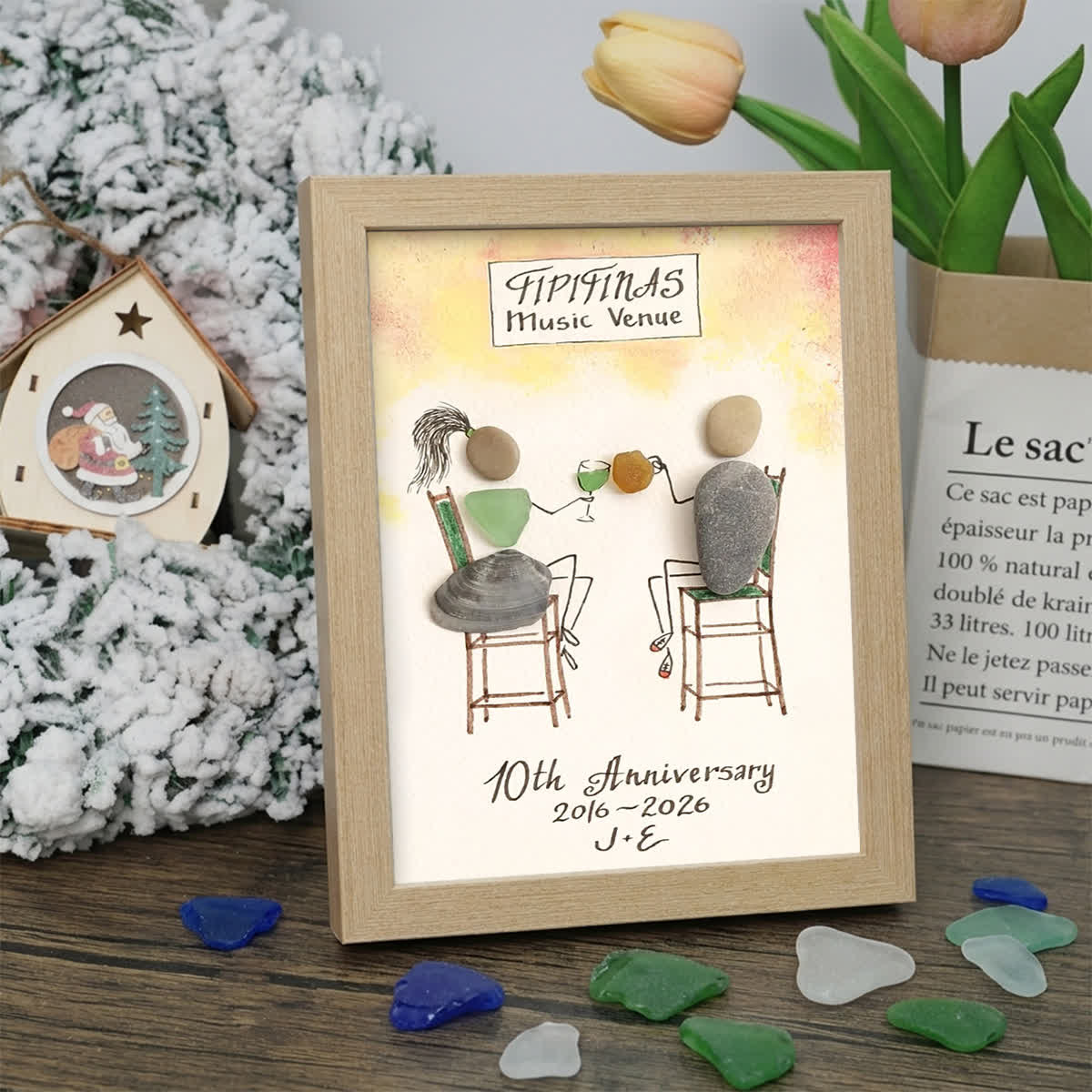 Personalized Anniversary Couple Toasting Sea Glass Framed Art - Oak - 8" X 6" - image 6
