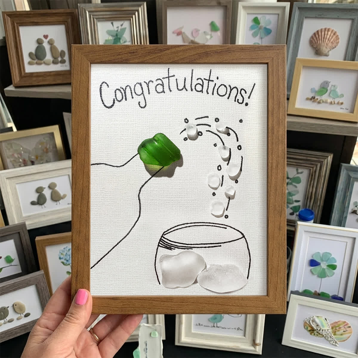 "Congratulations!" Champagne Toast Sea Glass Framed Art - Walnut Brown - 8" X 6" - image 7