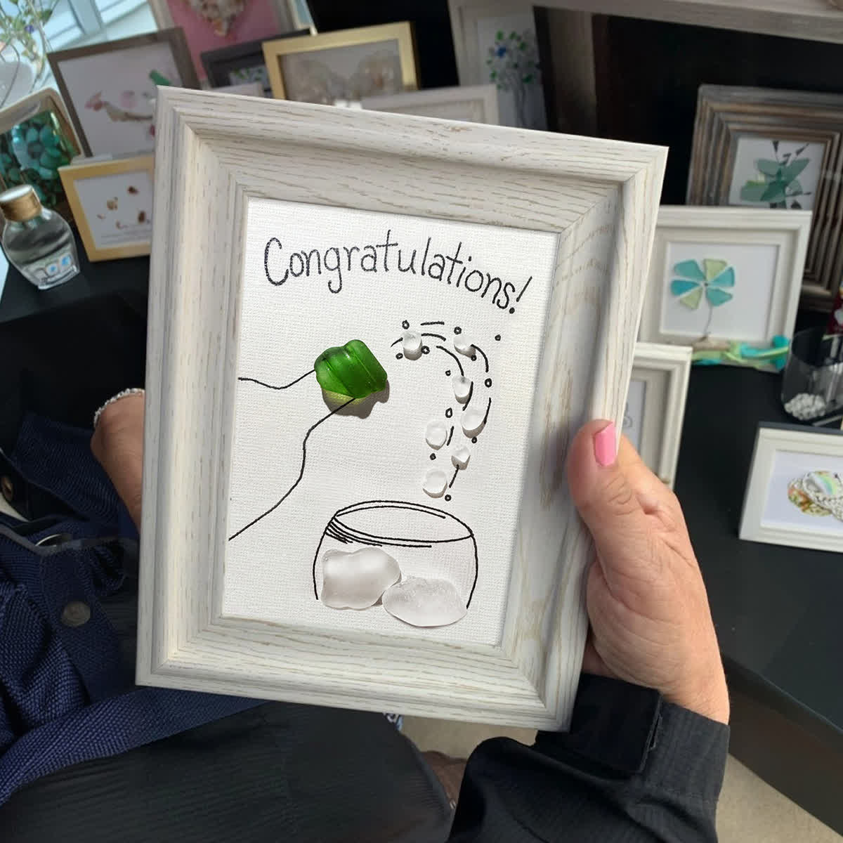 "Congratulations!" Champagne Toast Sea Glass Framed Art - image 0