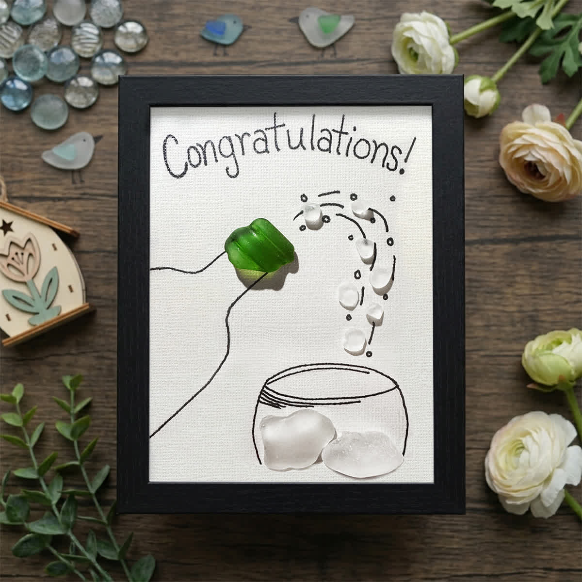 "Congratulations!" Champagne Toast Sea Glass Framed Art - Black - 8" X 6" - image 8
