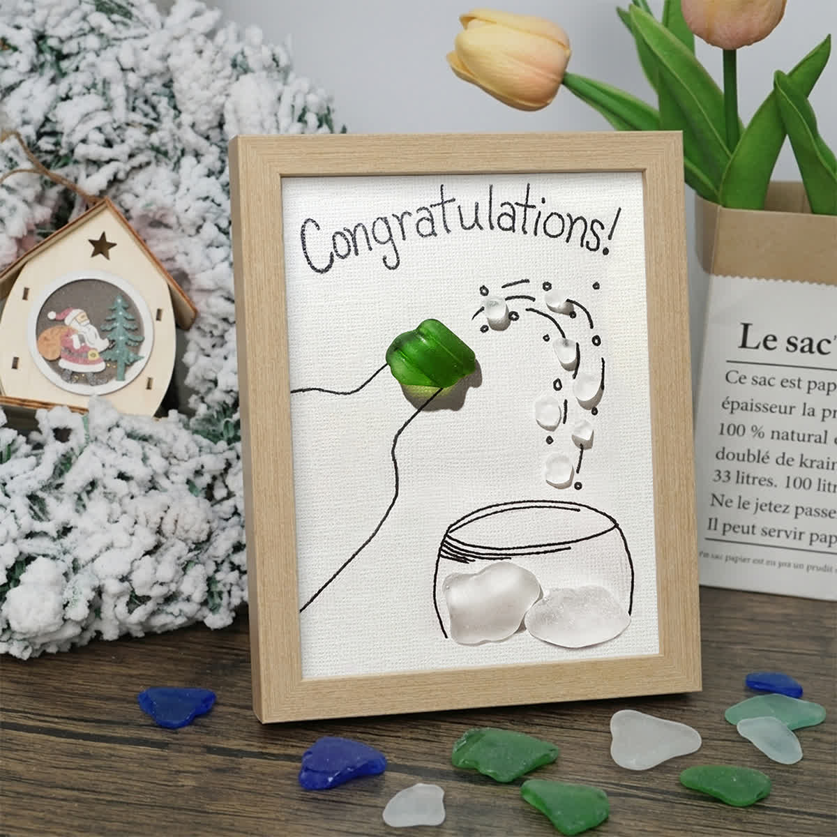 "Congratulations!" Champagne Toast Sea Glass Framed Art - Oak - 8" X 6" - image 6
