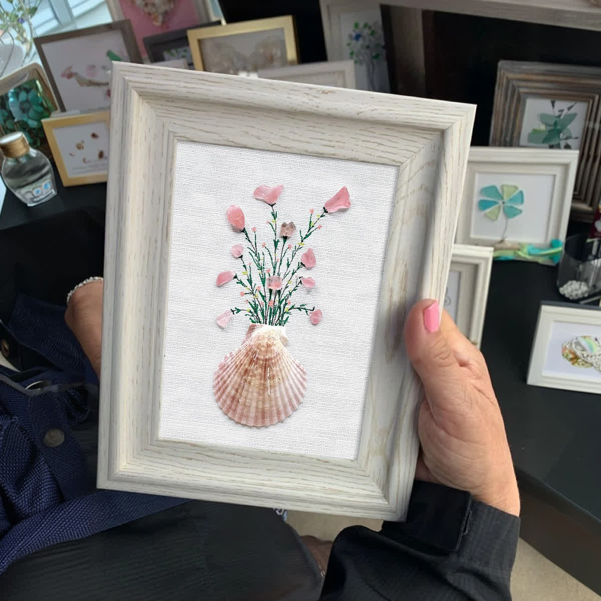 Pink Flowers In Scallop Shell Sea Glass Framed Art - image 3