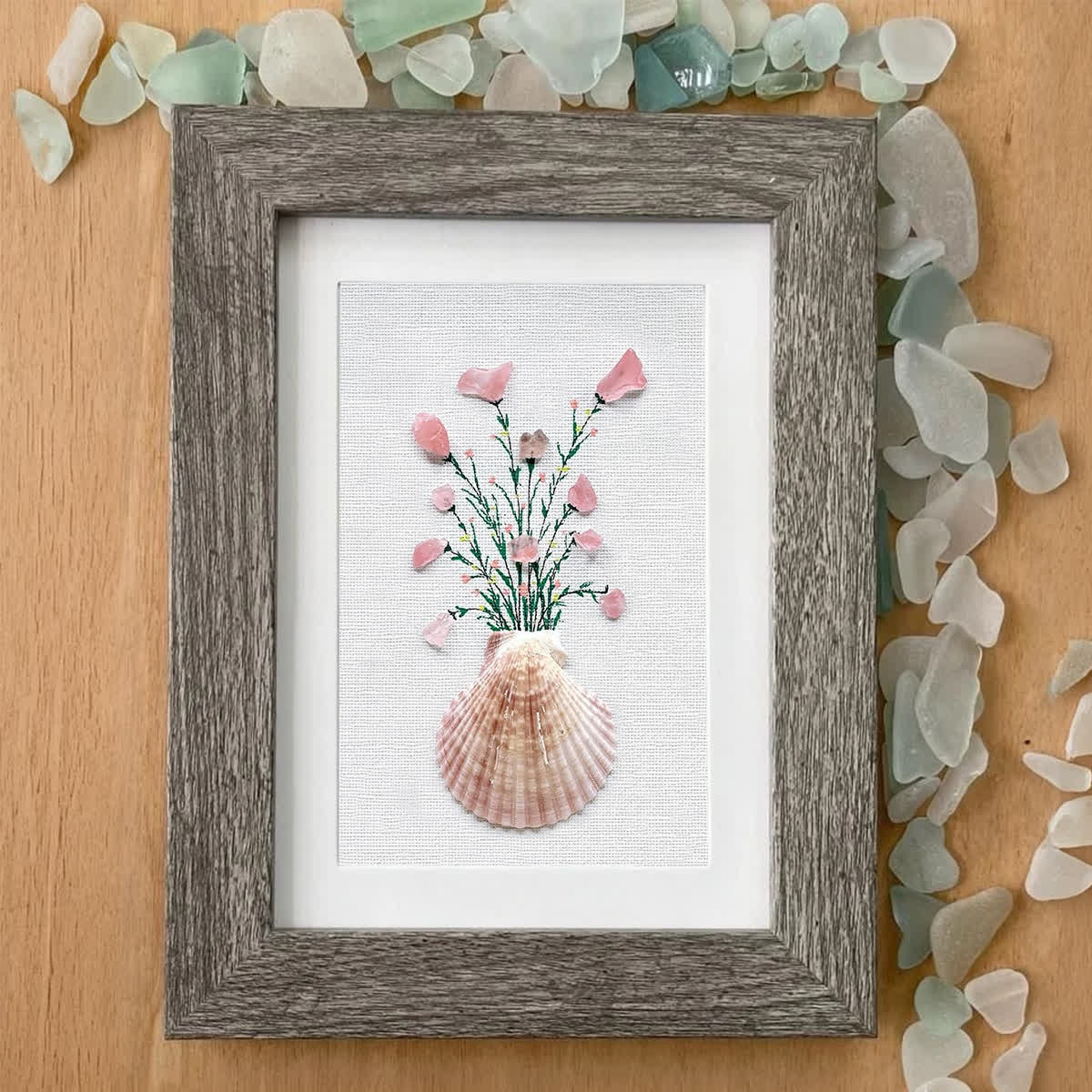 Pink Flowers In Scallop Shell Sea Glass Framed Art - image 5