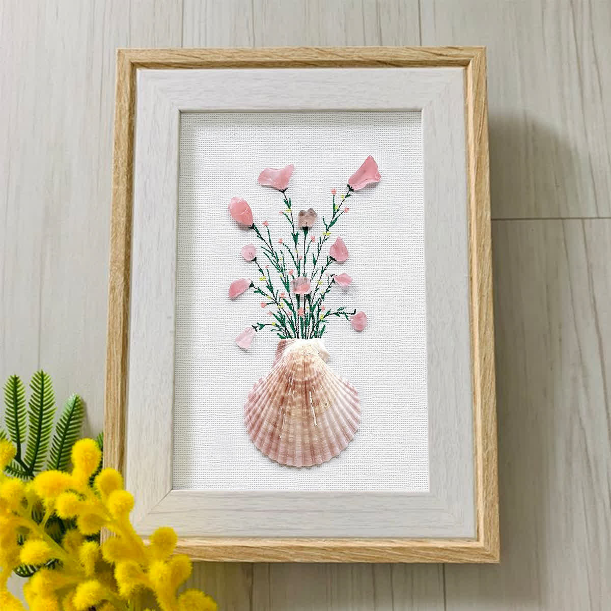 Pink Flowers In Scallop Shell Sea Glass Framed Art - image 0