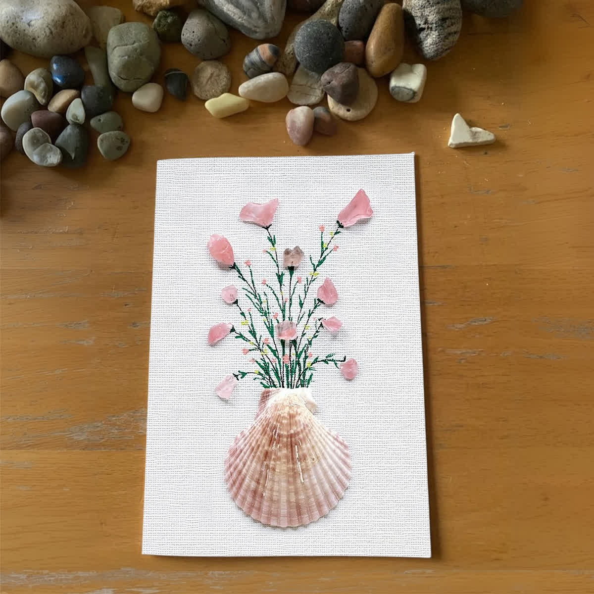 Pink Flowers In Scallop Shell Sea Glass Framed Art - Seaglass Card - 8" X 6" - image 1