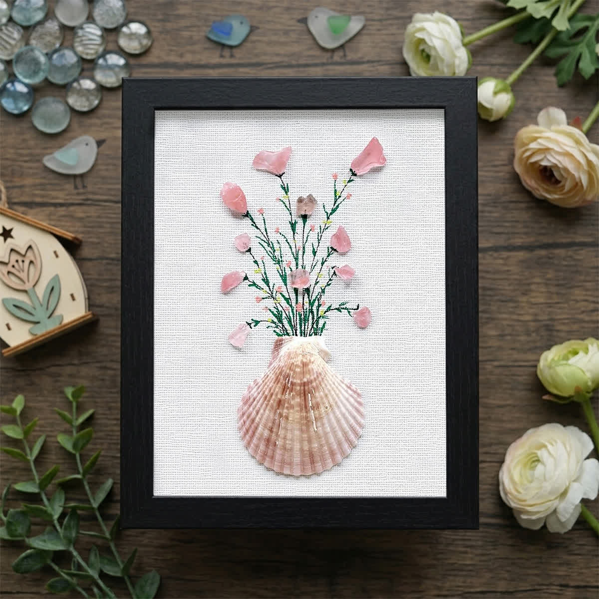 Pink Flowers In Scallop Shell Sea Glass Framed Art - Black - 8" X 6" - image 8