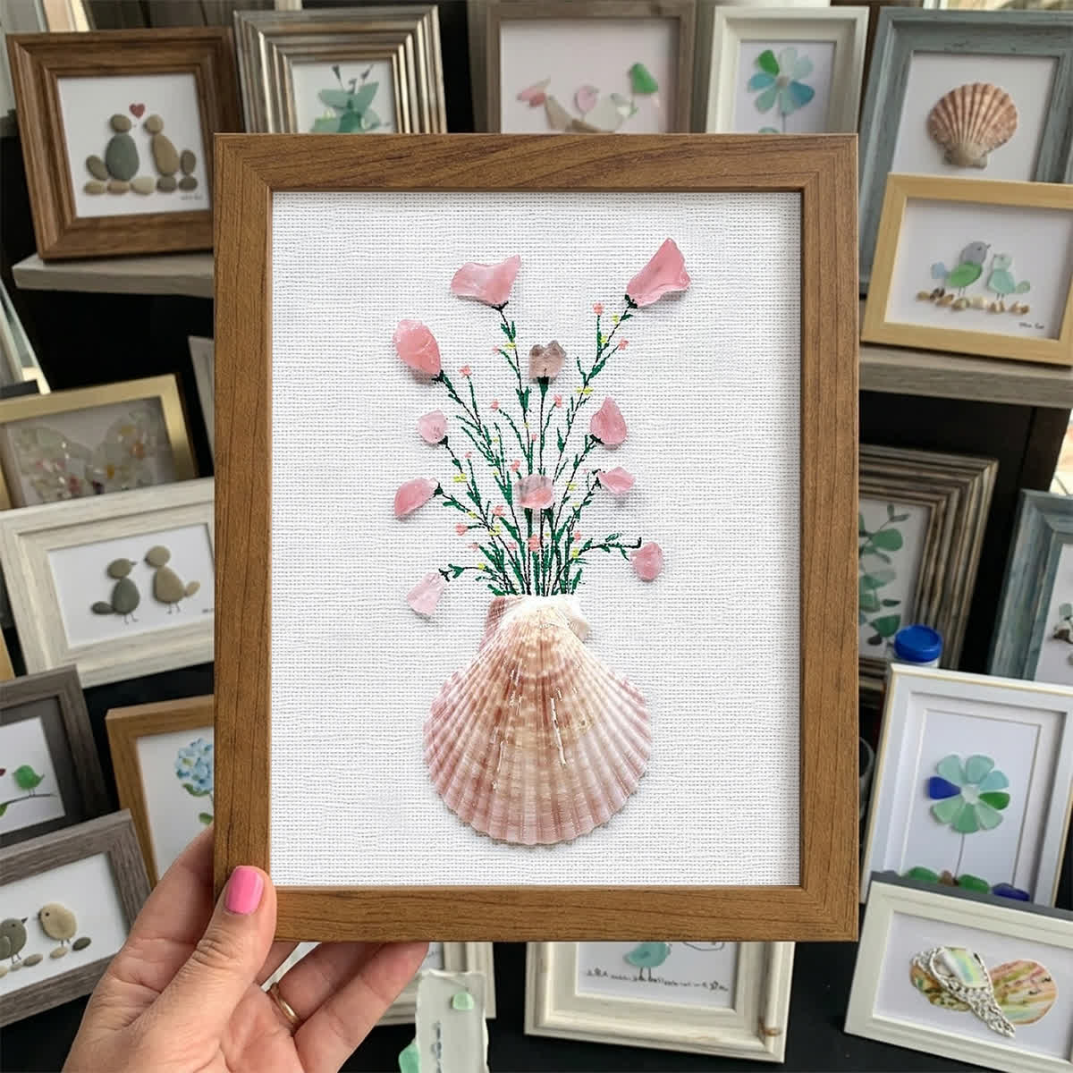 Pink Flowers In Scallop Shell Sea Glass Framed Art - Walnut Brown - 8" X 6" - image 7