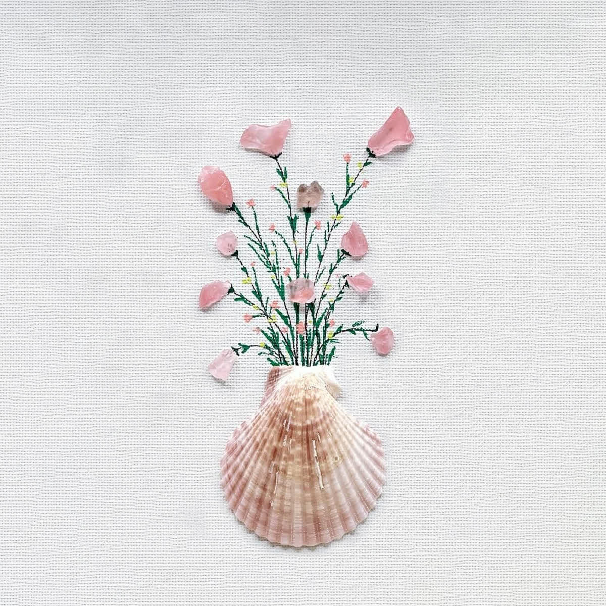 Pink Flowers In Scallop Shell Sea Glass Framed Art - image 2