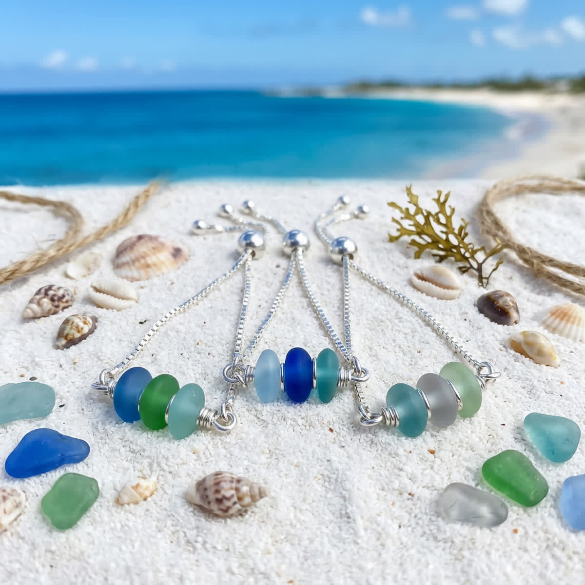 Three Blue Stone Silver Beach Sea Glass Bracelet - image 4
