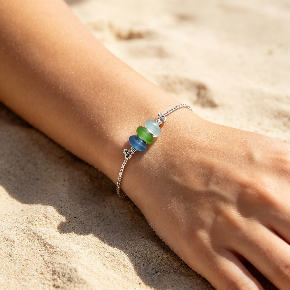 Three Blue Stone Silver Beach Sea Glass Bracelet - Tropical - image 5