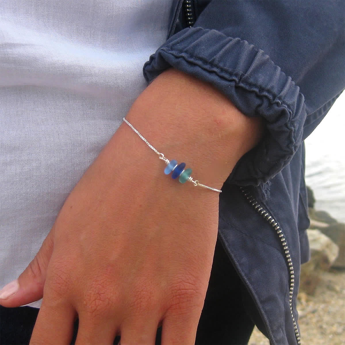Three Blue Stone Silver Beach Sea Glass Bracelet - Blues - image 0