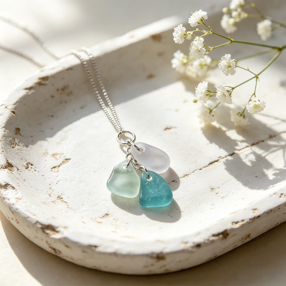 Timeless Tri-Color Sea Glass Cluster Necklace - Sky - image 5