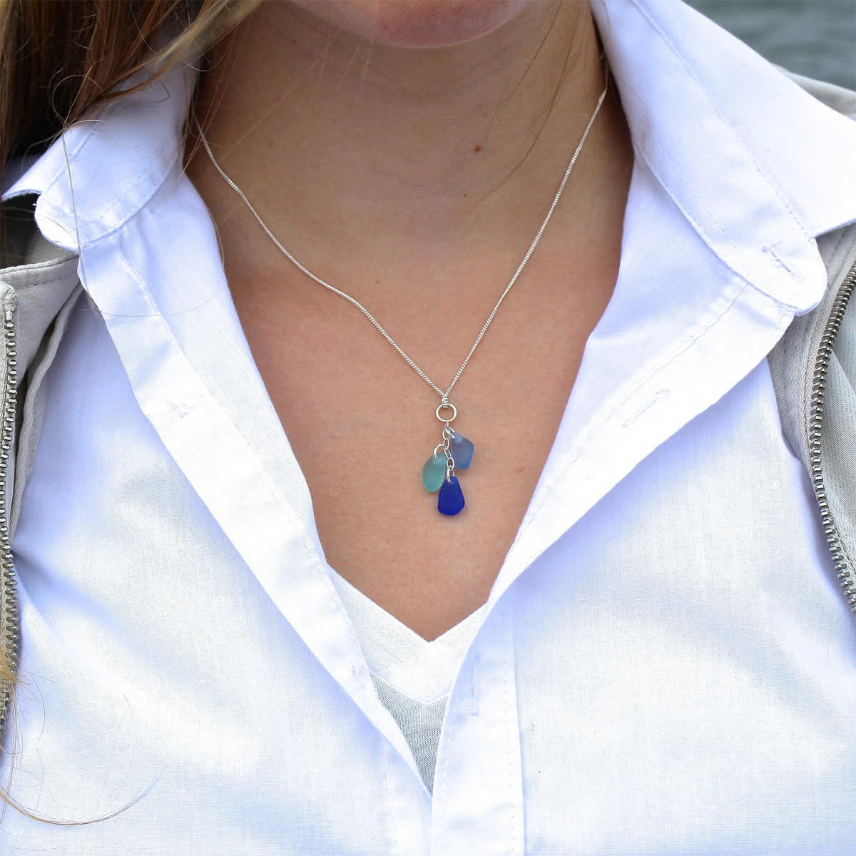 Timeless Tri-Color Sea Glass Cluster Necklace - image 0