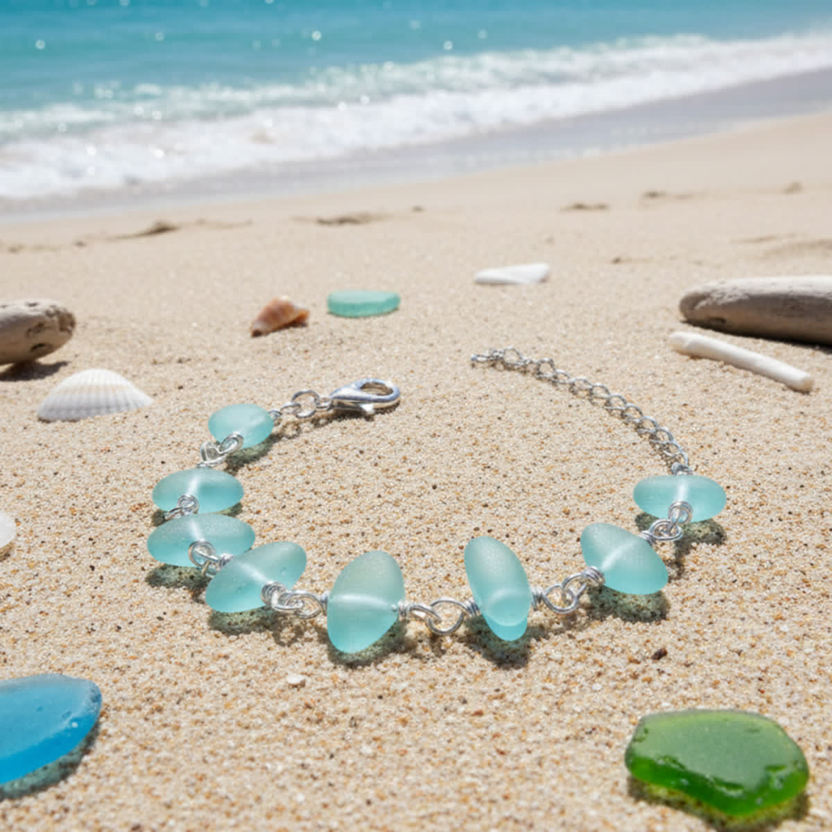 Frosted Blue Aqua Handcrafted Sea Glass Bracelet - Blue Aqua - image 0