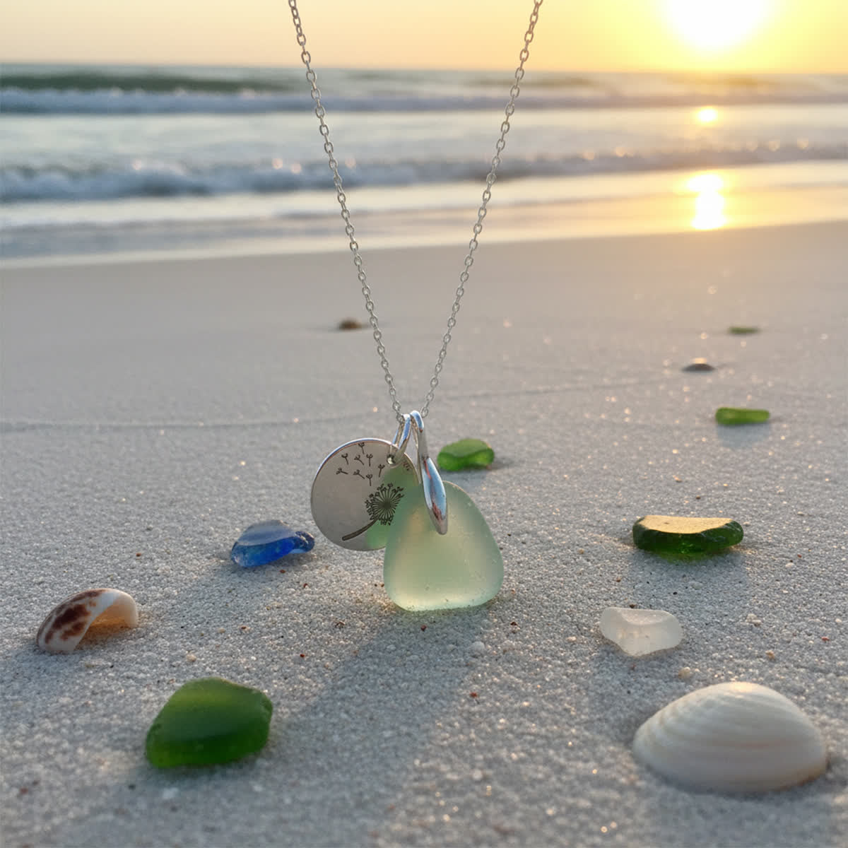 Make A Wish Dandelion Clock Charm Aqua Sea Glass Necklace - Sea Foam - image 0