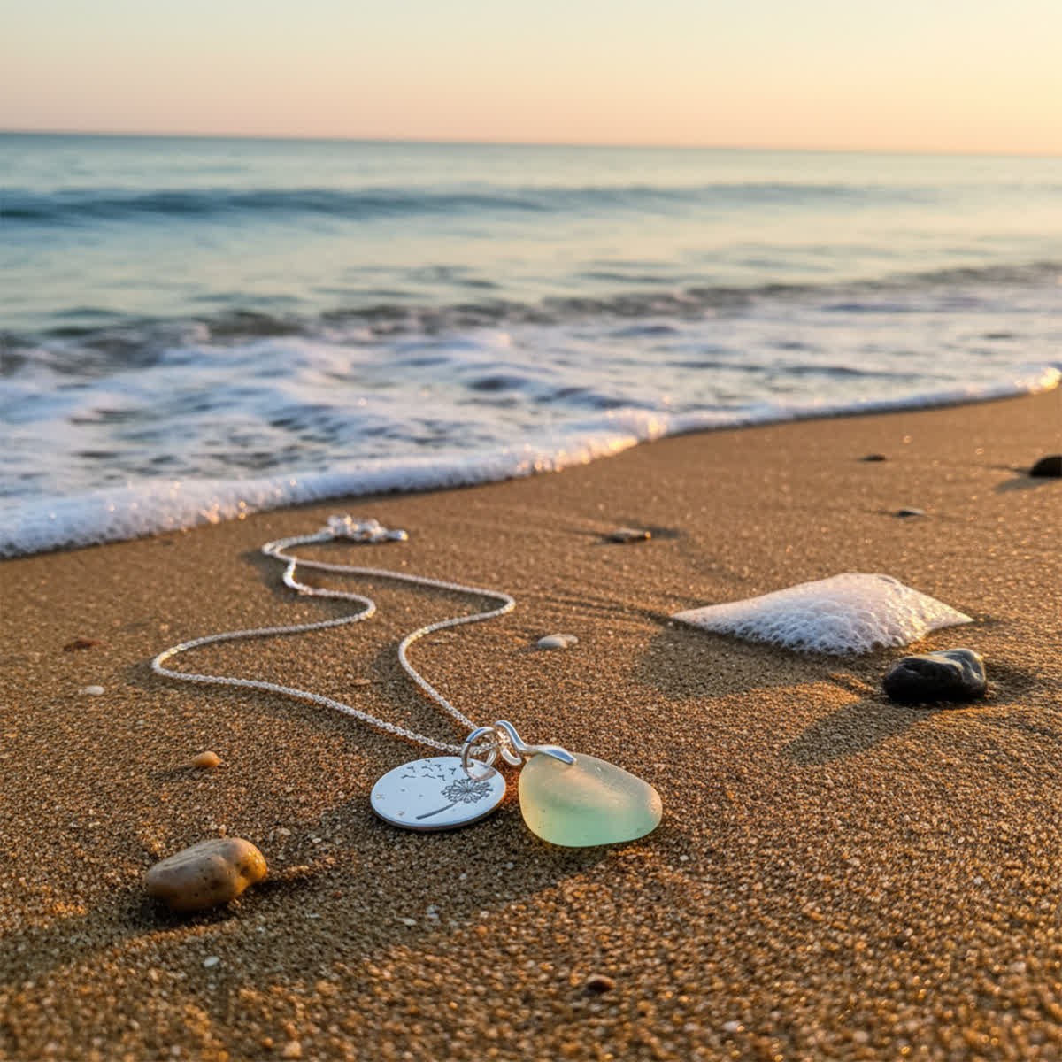 Make A Wish Dandelion Clock Charm Aqua Sea Glass Necklace - image 3