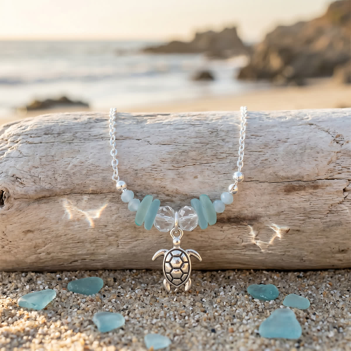 Ocean Breeze Turtle Charm Sea Glass Necklace - Silver - image 0