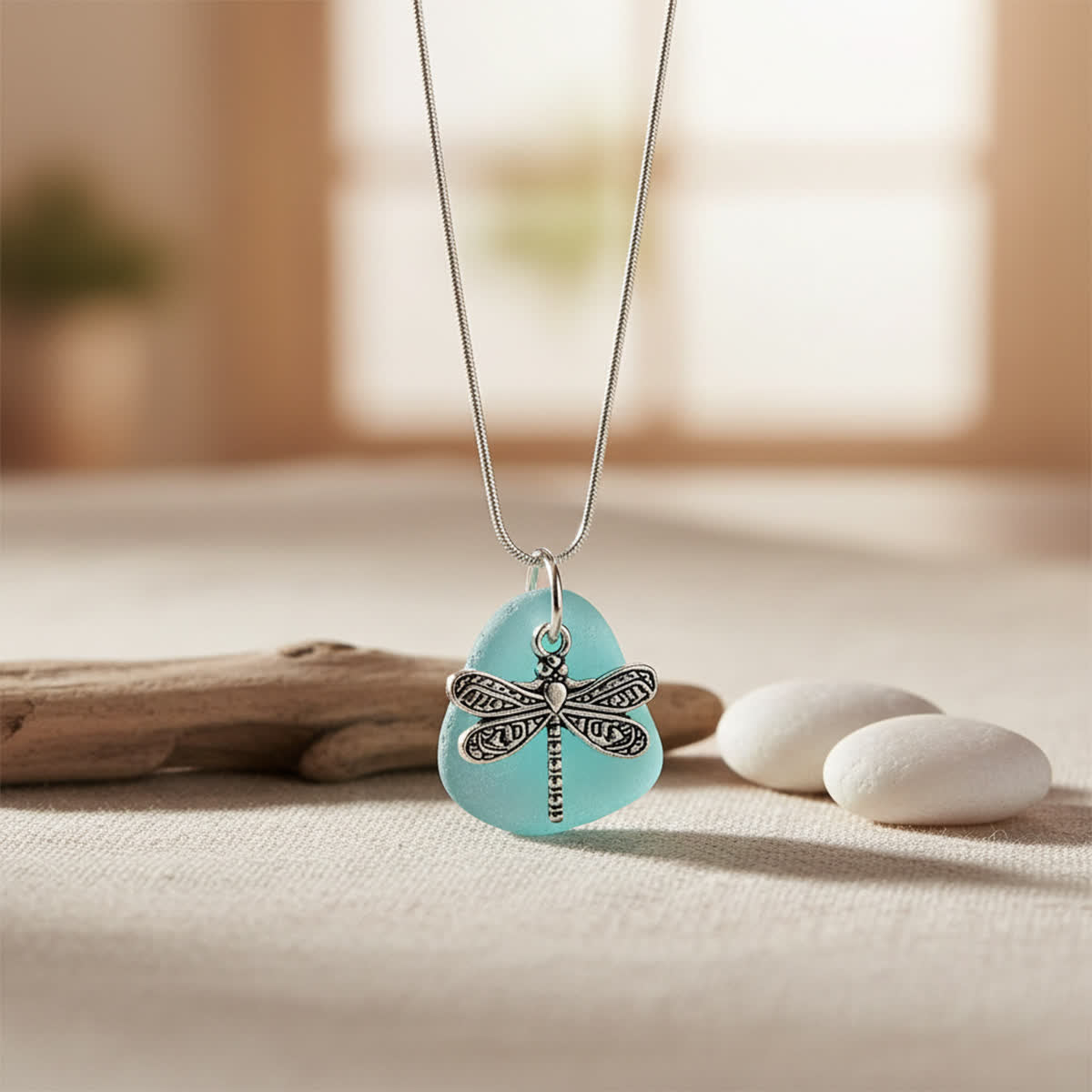Silver Dragonfly Charm Aqua Sea Glass Necklace - Silver - image 0