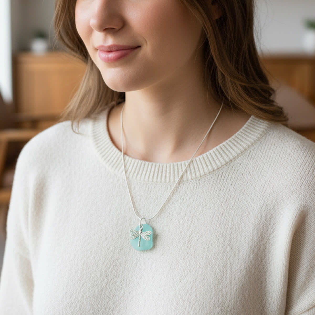Silver Dragonfly Charm Aqua Sea Glass Necklace - image 1
