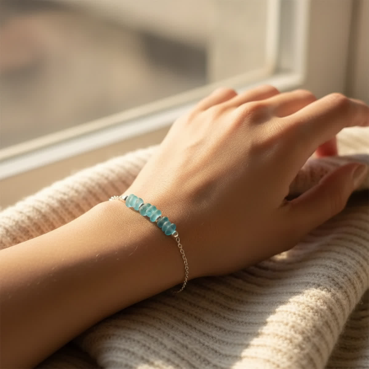 Delicate Beaded Dainty Blue Sea Glass Bracelet - image 1
