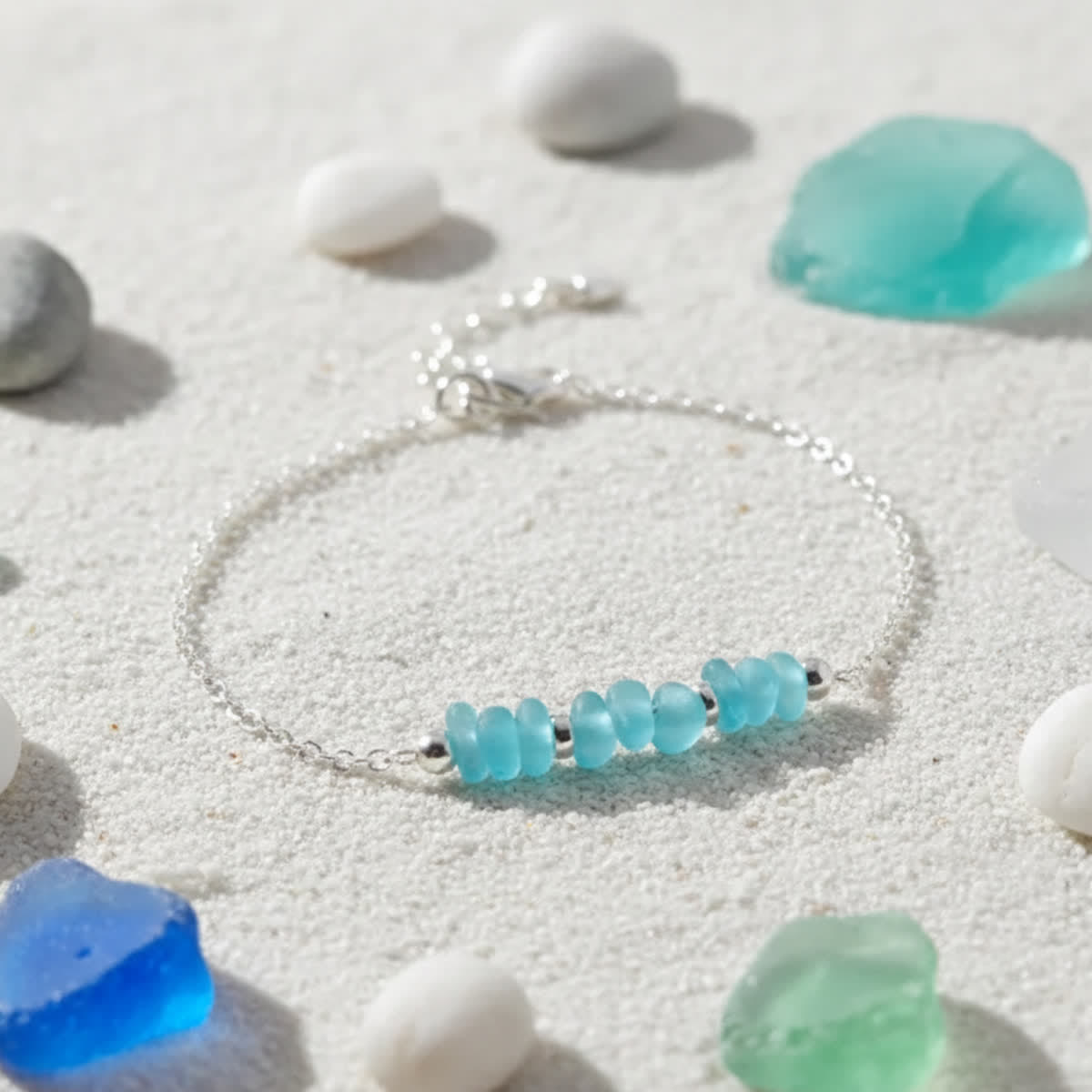 Delicate Beaded Dainty Blue Sea Glass Bracelet - Blue - image 0
