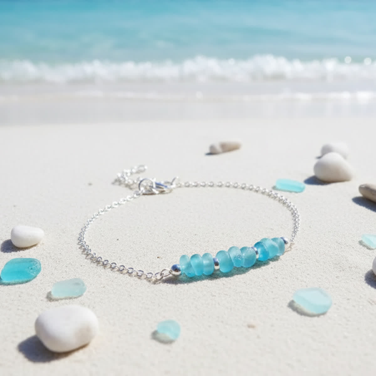 Delicate Beaded Dainty Blue Sea Glass Bracelet - image 2