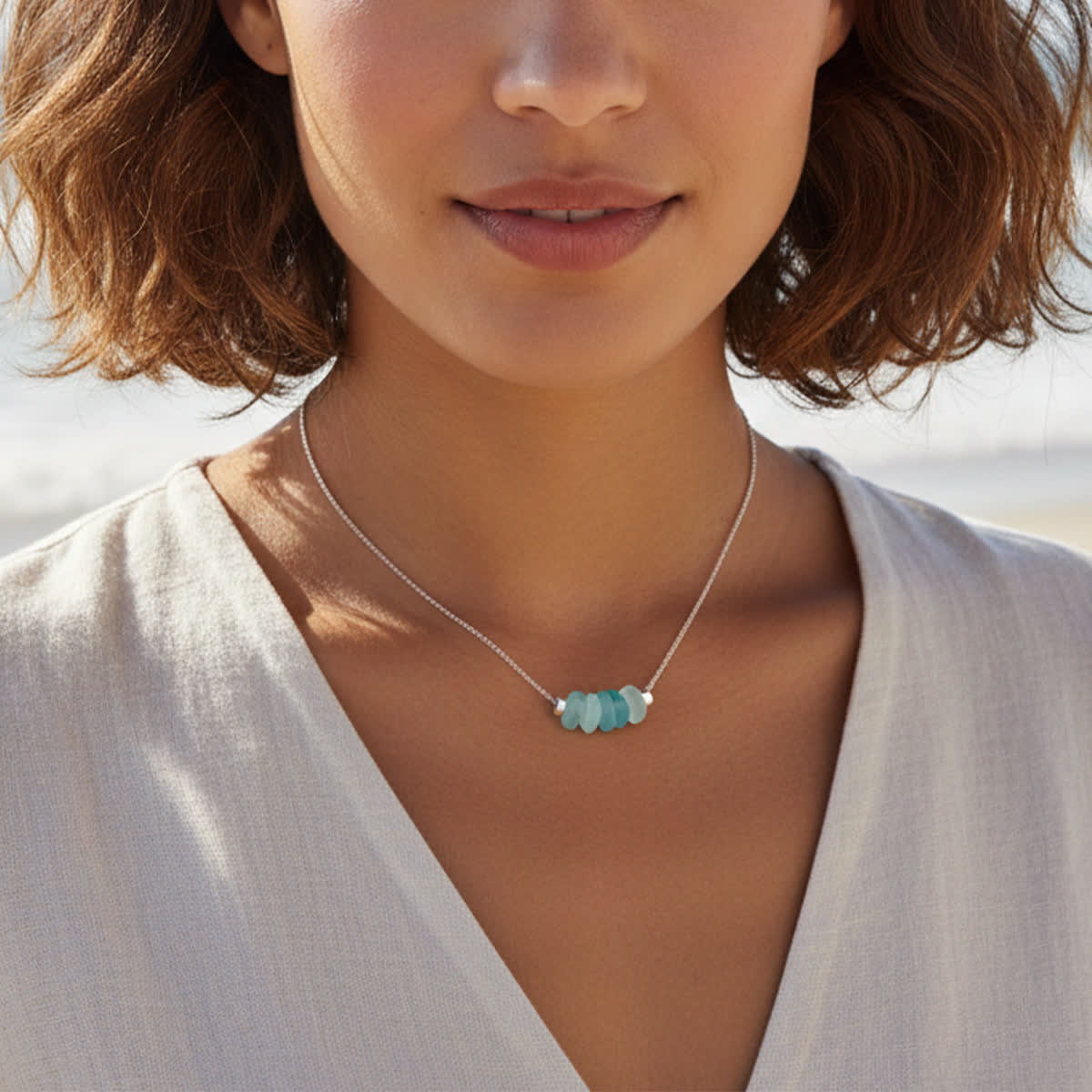 Minimalist Bead Blue Dainty Genuine Sea Glass Anklet Necklace - image 6