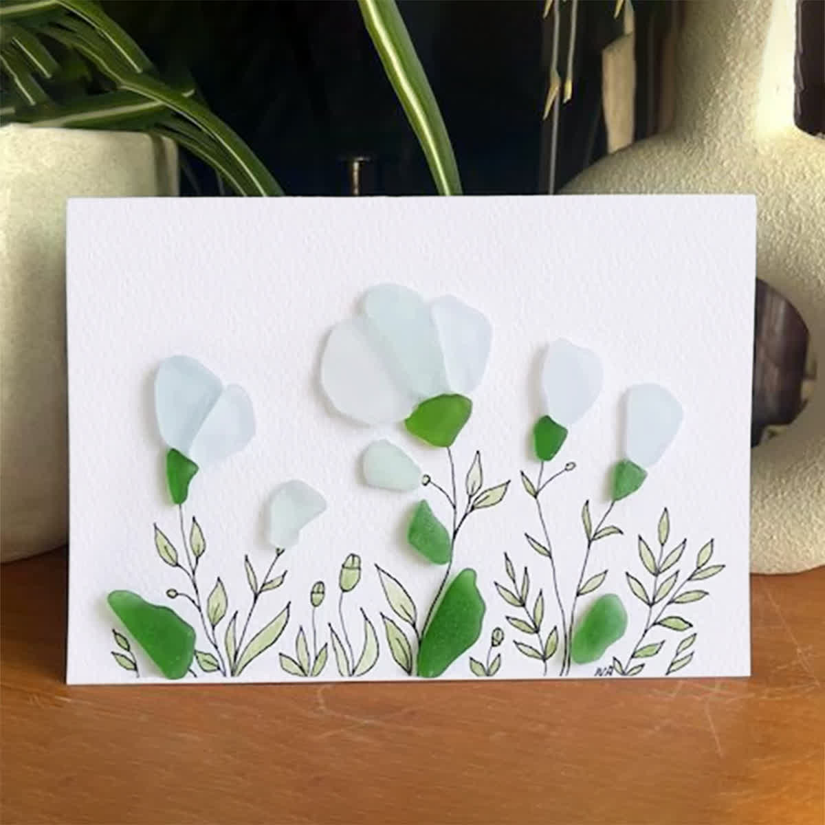 White Sea Glass Flower Bouquet Framed Art - Seaglass Card - 6" X 8" - image 1