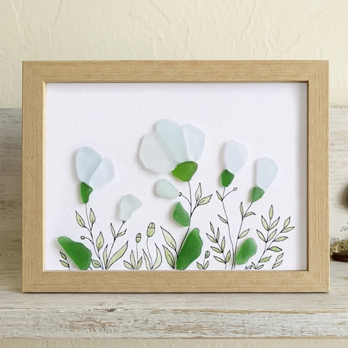 White Sea Glass Flower Bouquet Framed Art - Oak - 6" X 8" - image 9