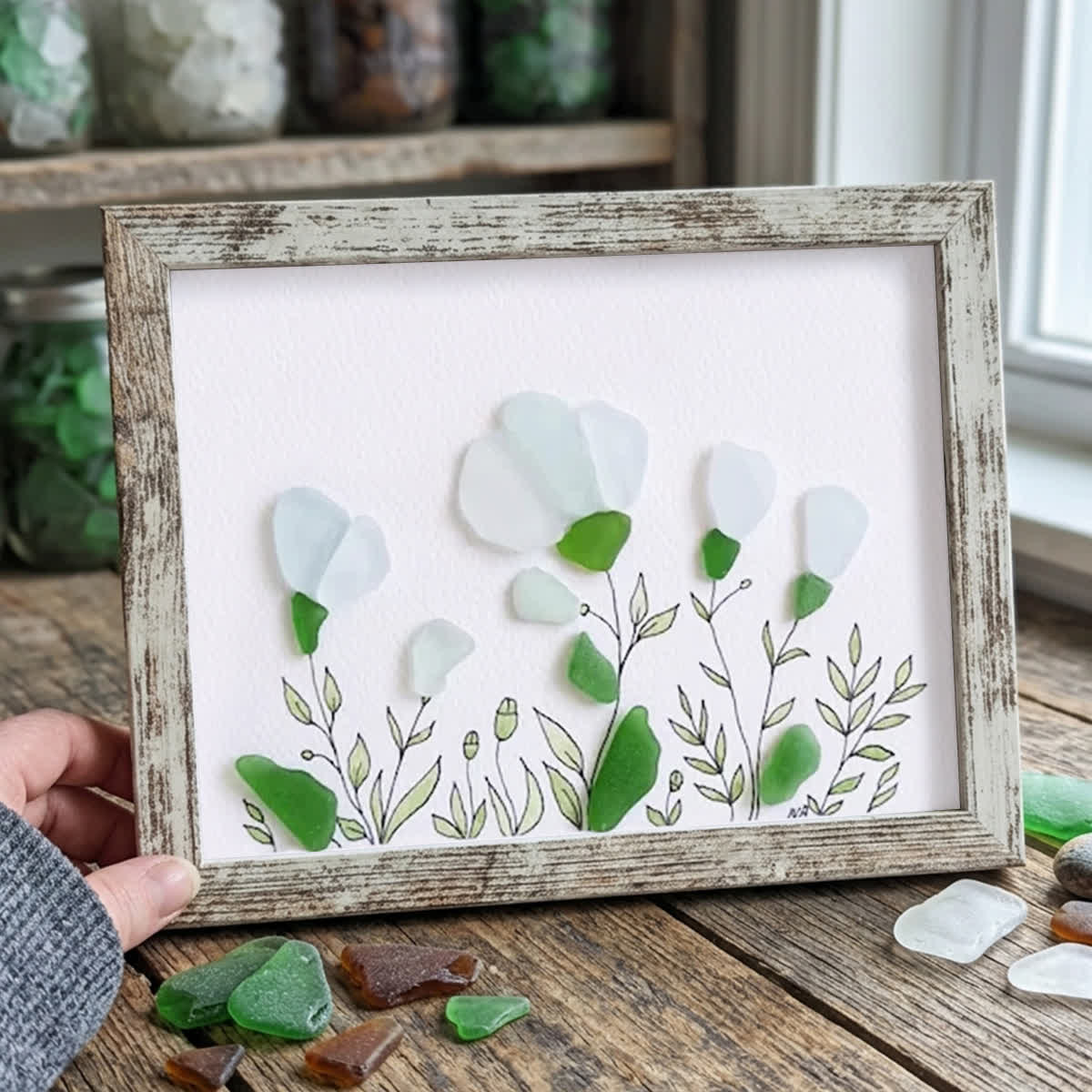 White Sea Glass Flower Bouquet Framed Art - Retro White - 6" X 8" - image 12