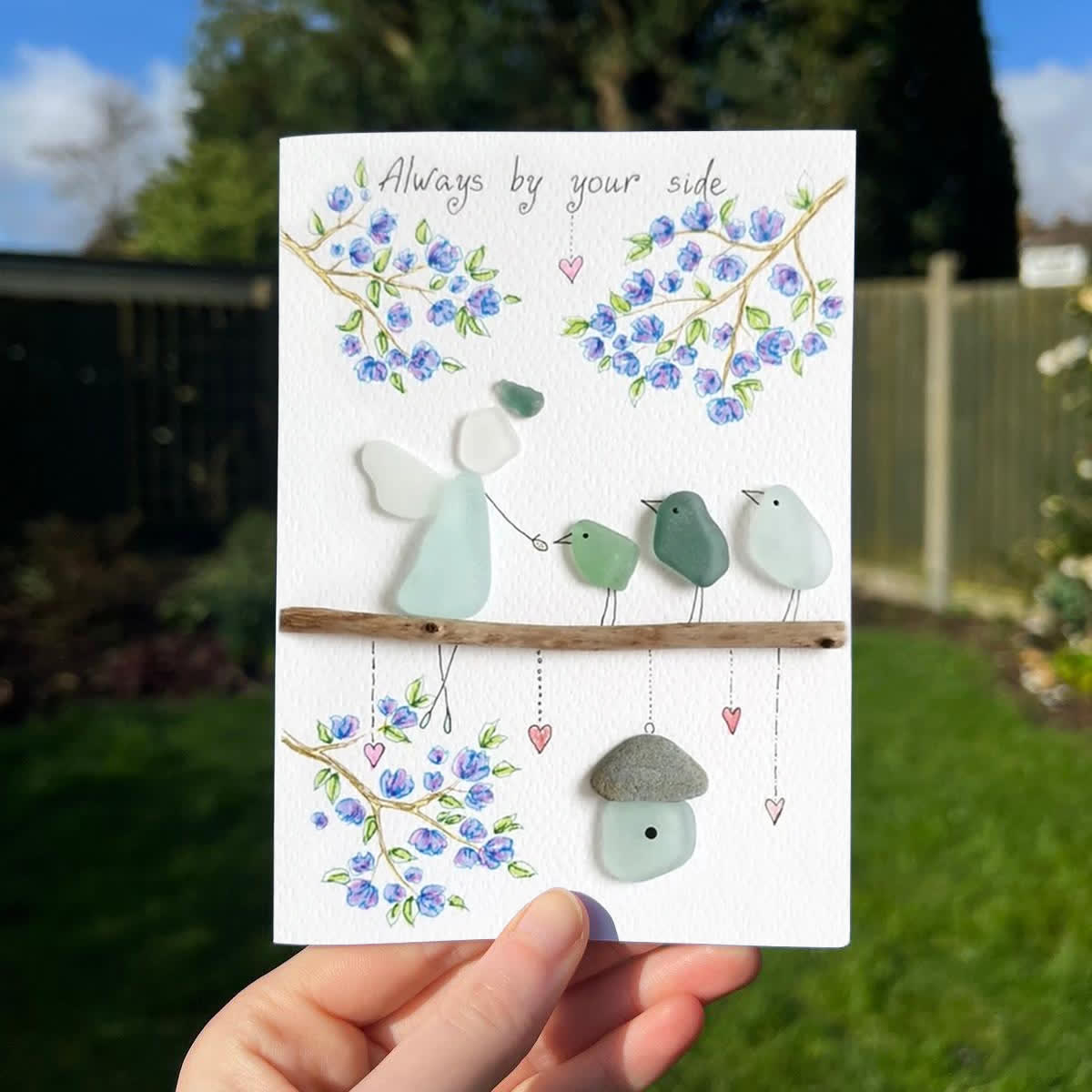 Blue Blossoms & Guardian Angel Sea Glass Framed Art - Seaglass Card - 8" X 6" - image 1