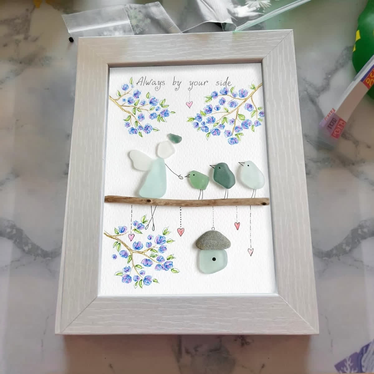 Blue Blossoms & Guardian Angel Sea Glass Framed Art - image 5