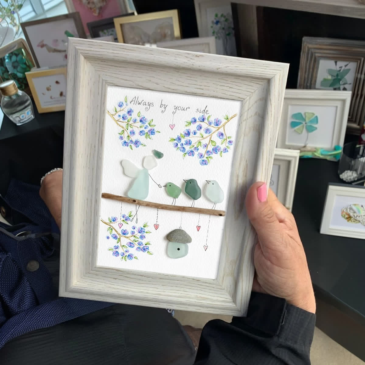 Blue Blossoms & Guardian Angel Sea Glass Framed Art - image 0