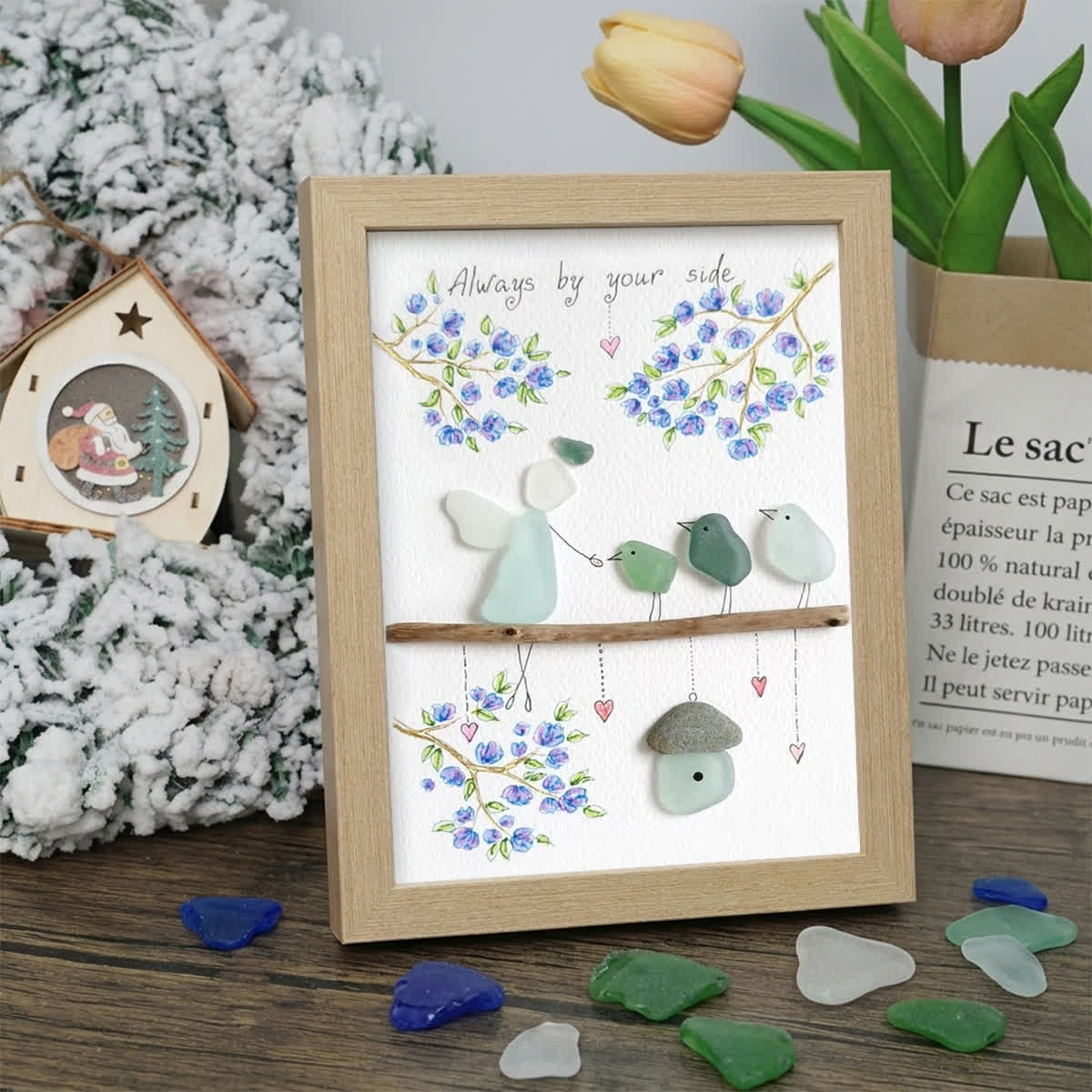 Blue Blossoms & Guardian Angel Sea Glass Framed Art - Oak - 8" X 6" - image 6