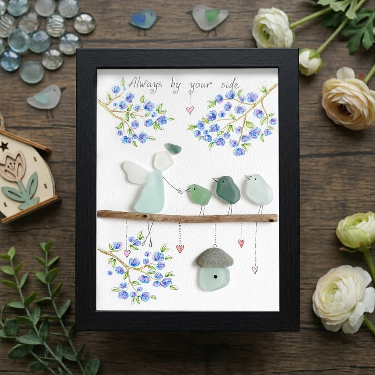 Blue Blossoms & Guardian Angel Sea Glass Framed Art - Black - 8" X 6" - image 8