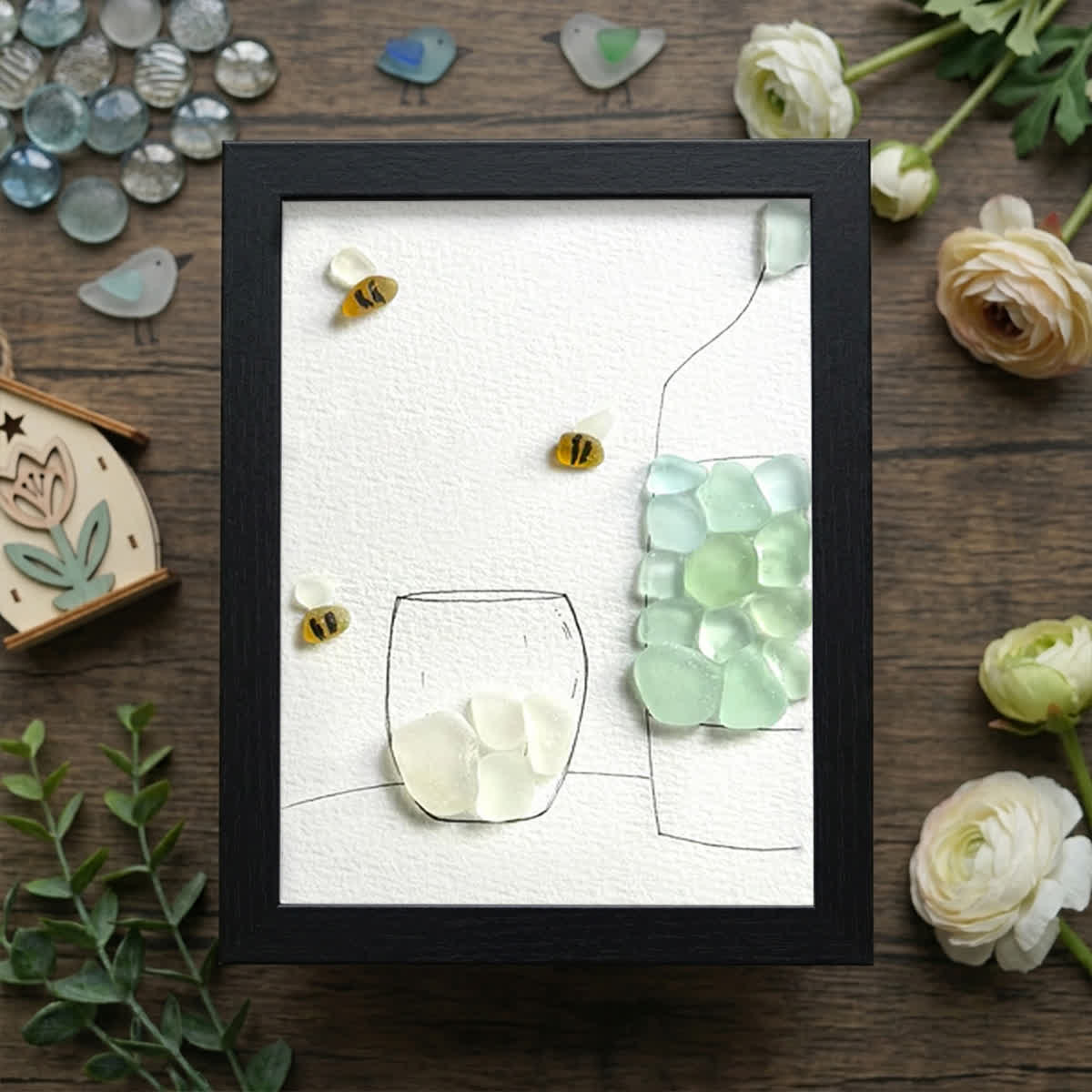 Little Joys Vase & Bees Sea Glass Framed Art - Black - 8" X 6" - image 8