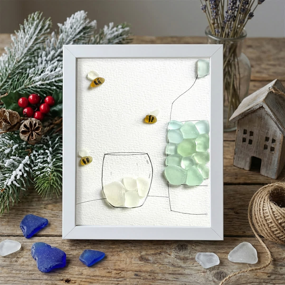 Little Joys Vase & Bees Sea Glass Framed Art - White - 8" X 6" - image 9
