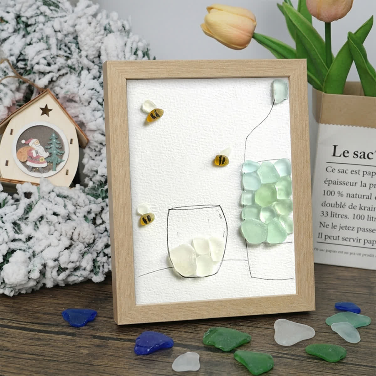 Little Joys Vase & Bees Sea Glass Framed Art - Oak - 8" X 6" - image 6