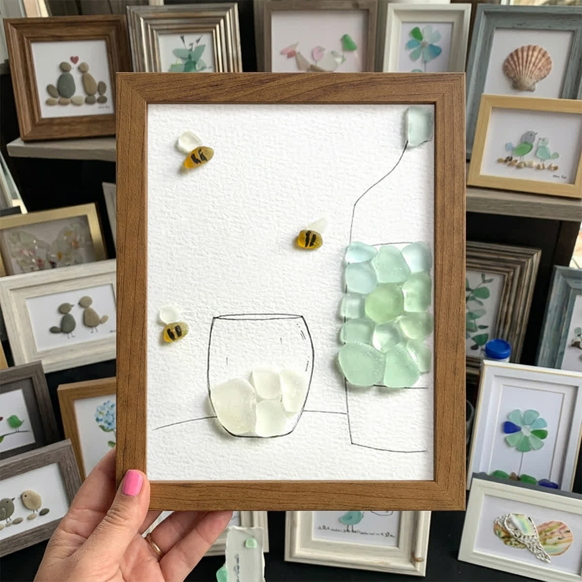 Little Joys Vase & Bees Sea Glass Framed Art - Walnut Brown - 8" X 6" - image 7