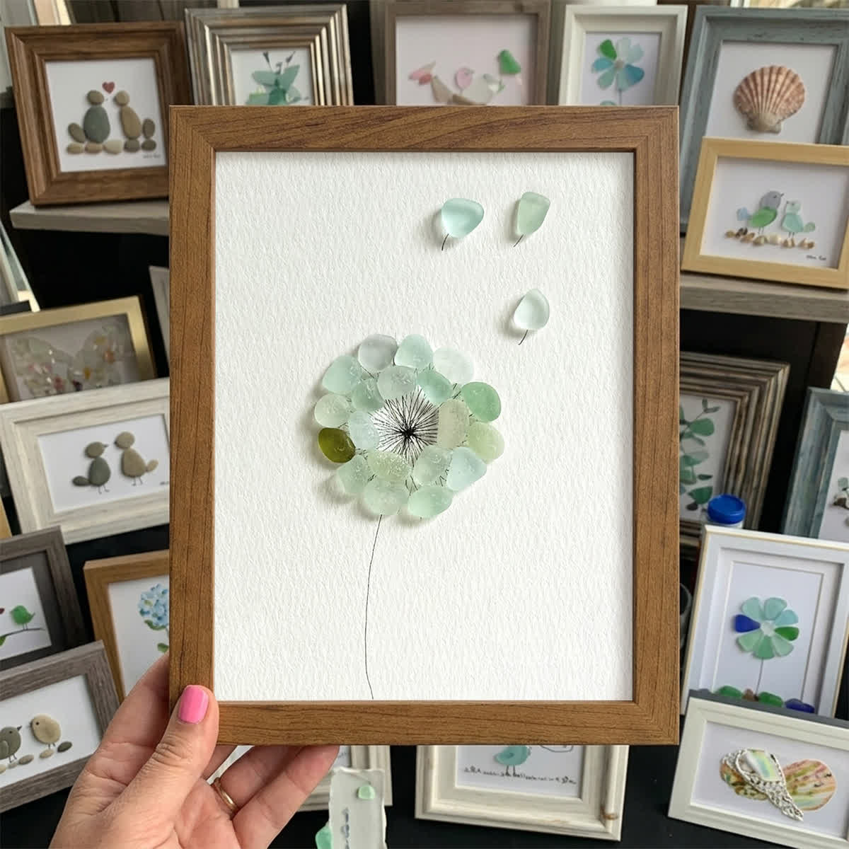 Wishes Take Flight Dandelion Sea Glass Framed Art - Walnut Brown - 8" X 6" - image 0