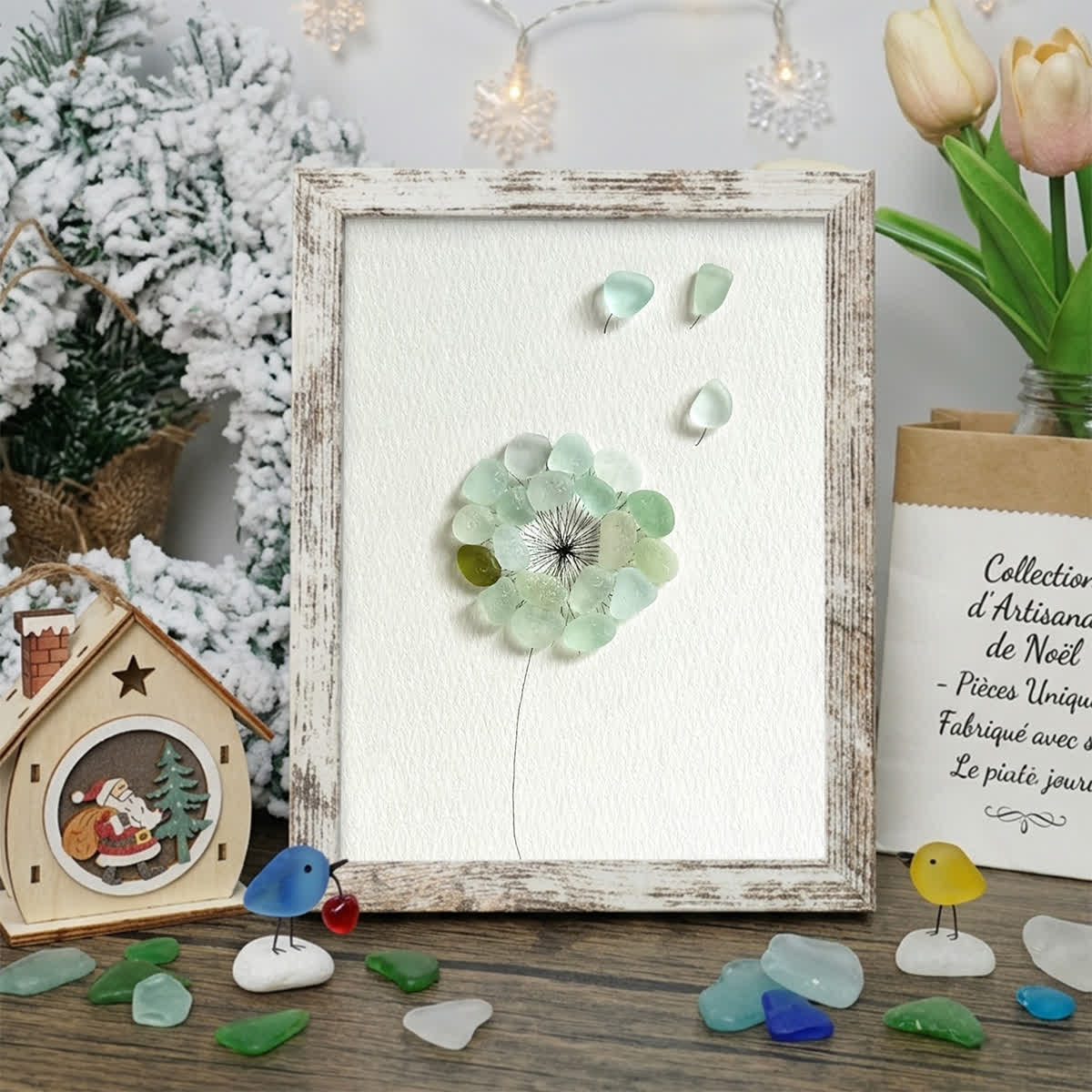 Wishes Take Flight Dandelion Sea Glass Framed Art - Retro White - 8" X 6" - image 10