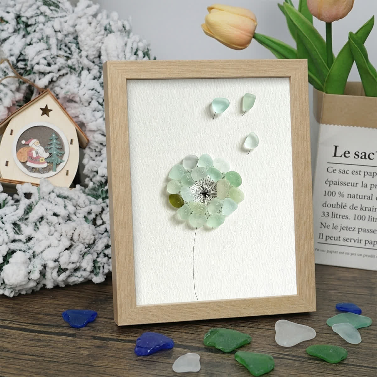 Wishes Take Flight Dandelion Sea Glass Framed Art - Oak - 8" X 6" - image 7