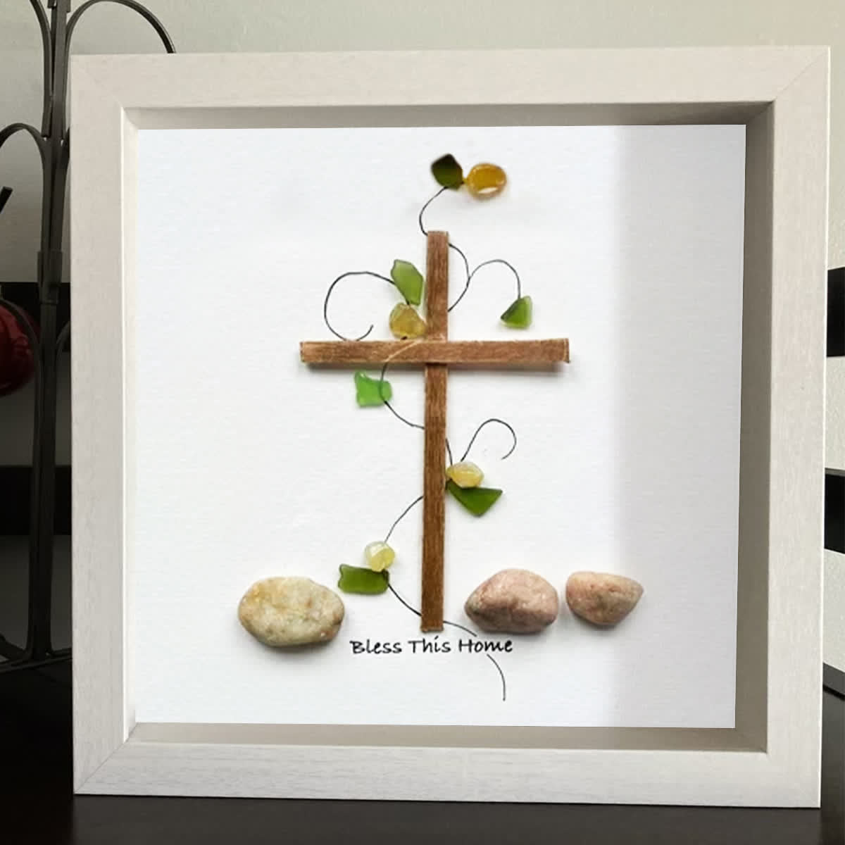 Bless This Home Cross & Vines Sea Glass Framed Art - image 4