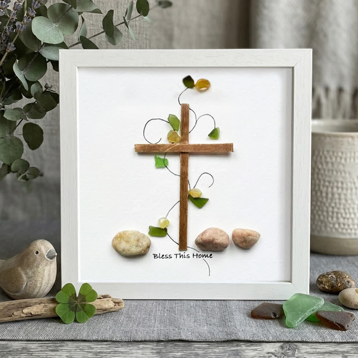 Bless This Home Cross & Vines Sea Glass Framed Art - White - 8" X 8" - image 10