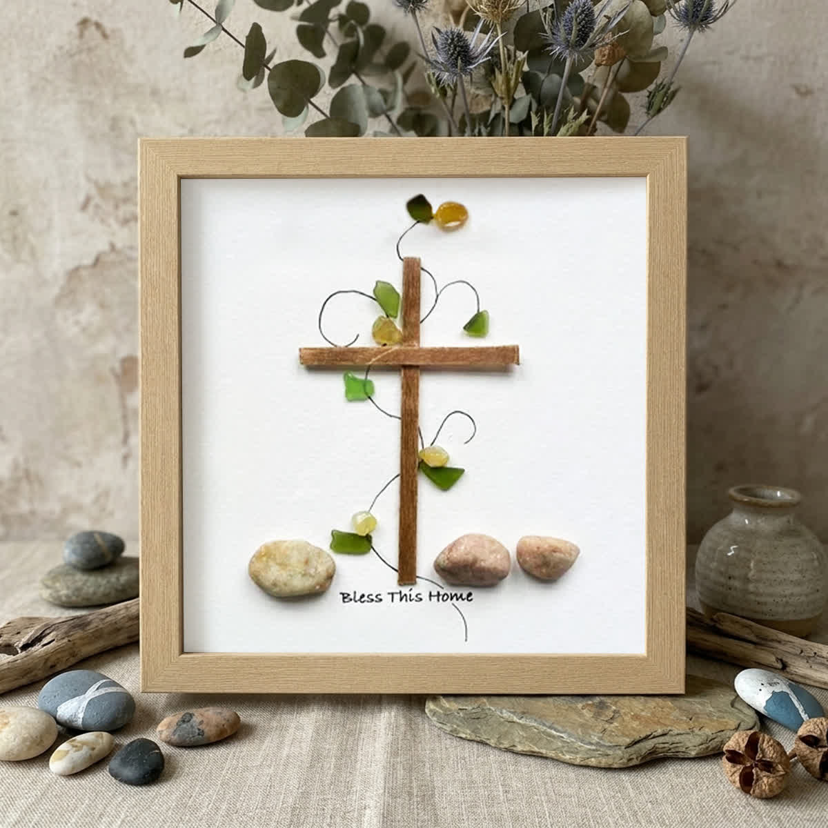 Bless This Home Cross & Vines Sea Glass Framed Art - Oak - 8" X 8" - image 8