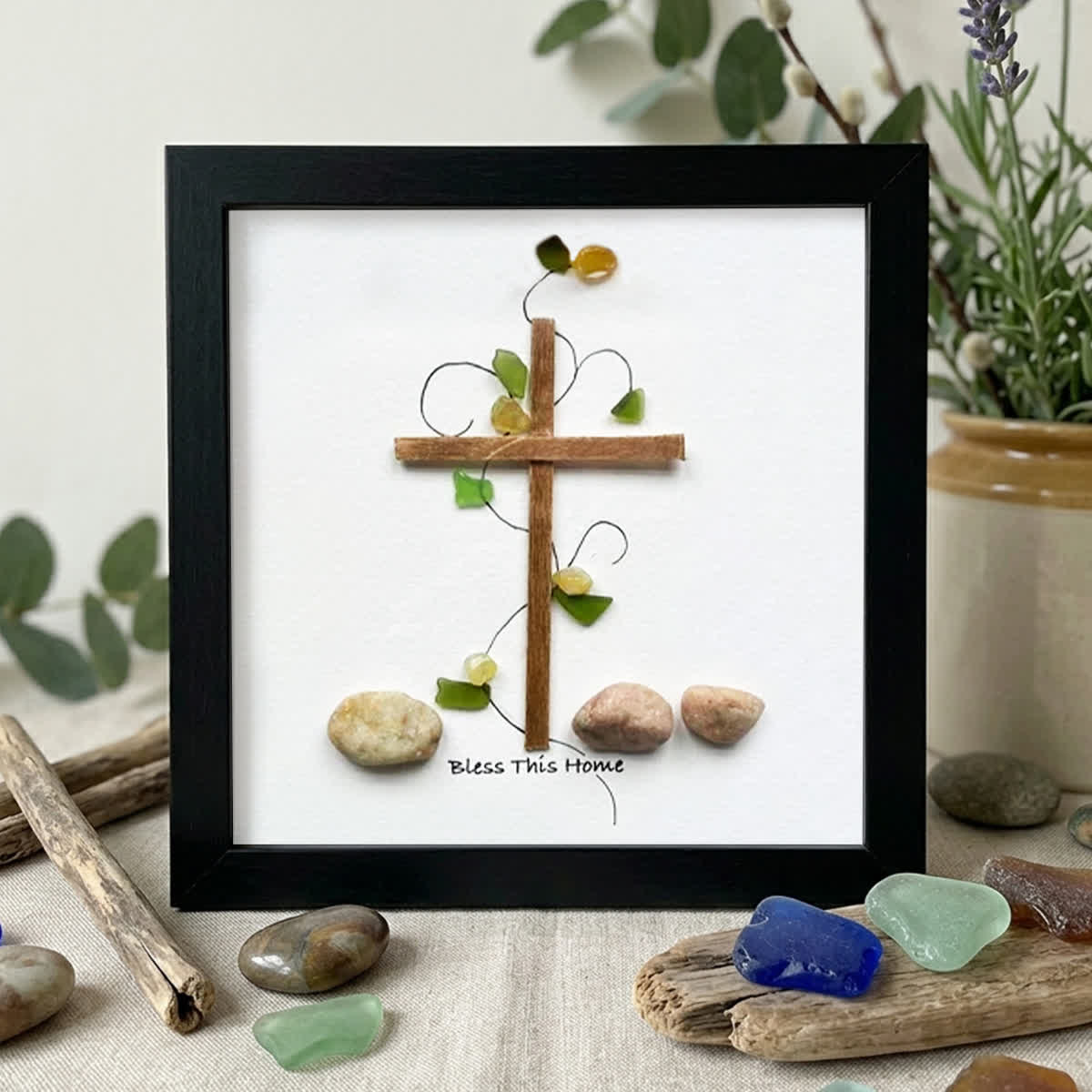 Bless This Home Cross & Vines Sea Glass Framed Art - Black - 8" X 8" - image 9