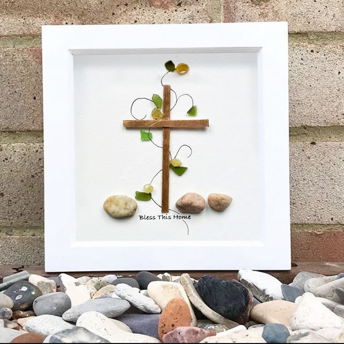 Bless This Home Cross & Vines Sea Glass Framed Art - image 0