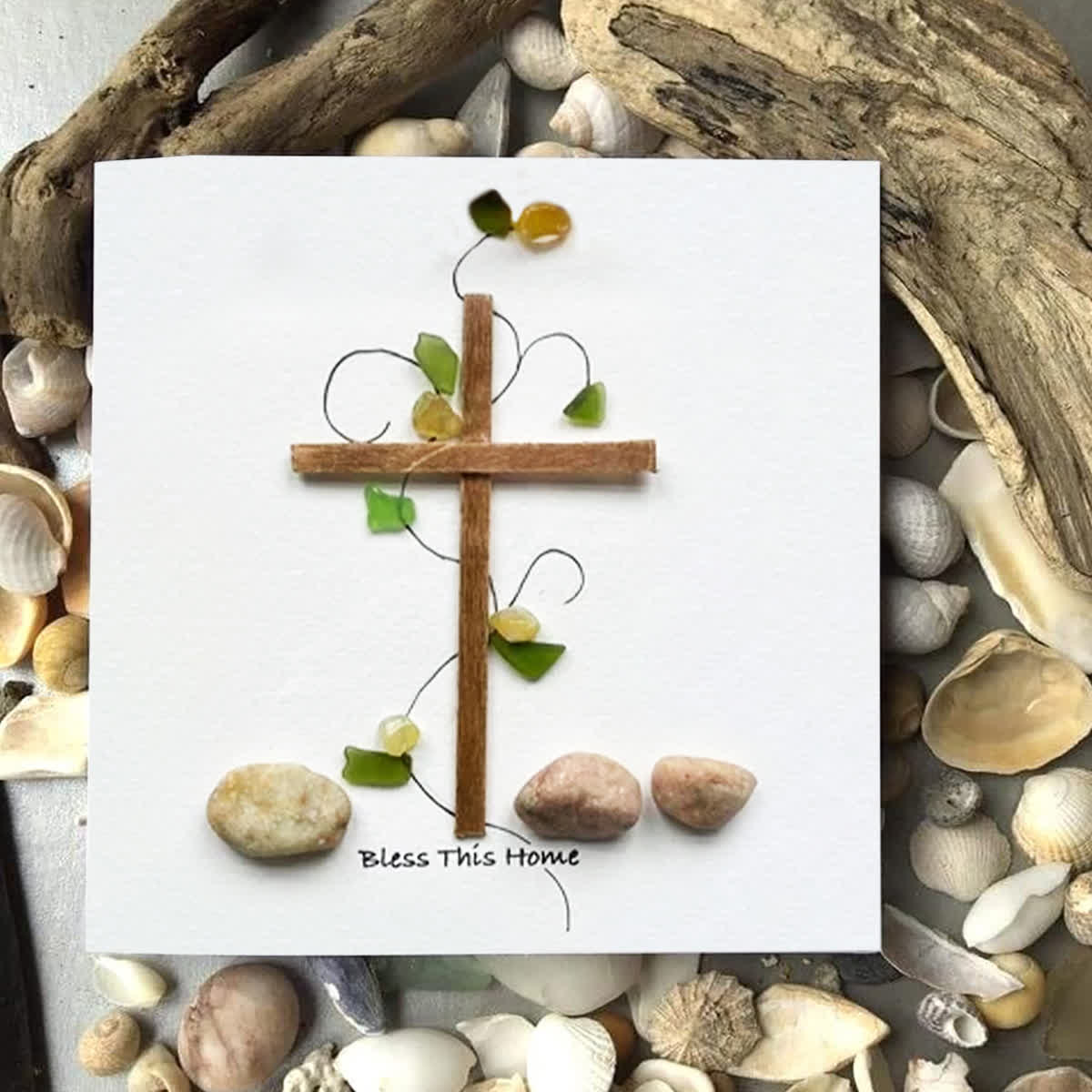 Bless This Home Cross & Vines Sea Glass Framed Art - Seaglass Card - 8" X 8" - image 1