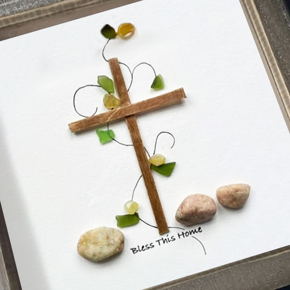 Bless This Home Cross & Vines Sea Glass Framed Art - image 3