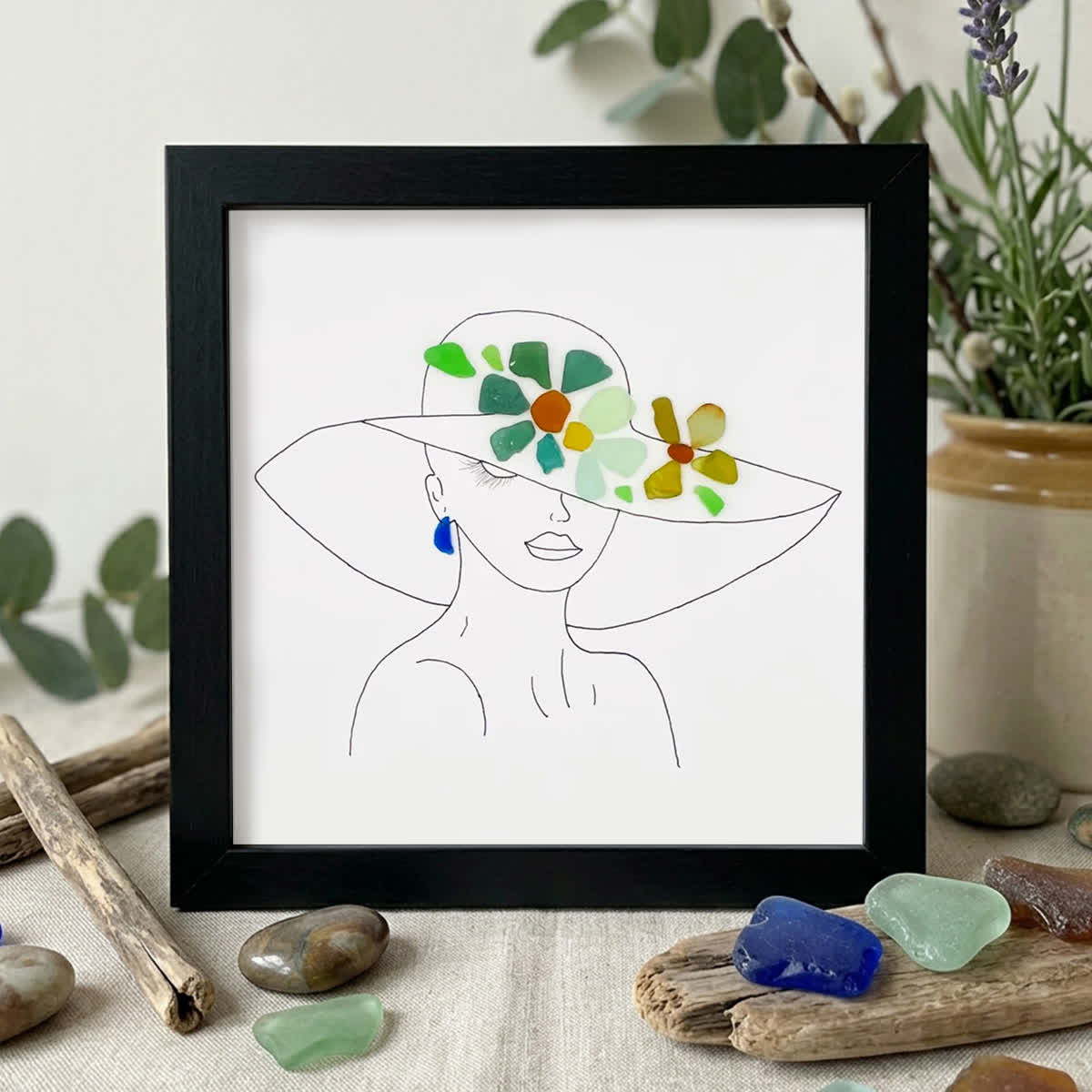 Graceful Blooms Lady Portrait Sea Glass Framed Art - Black - 8" X 8" - image 0